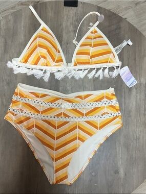 Forever 21 Yellow and Orange Striped Tassel Bikini Set